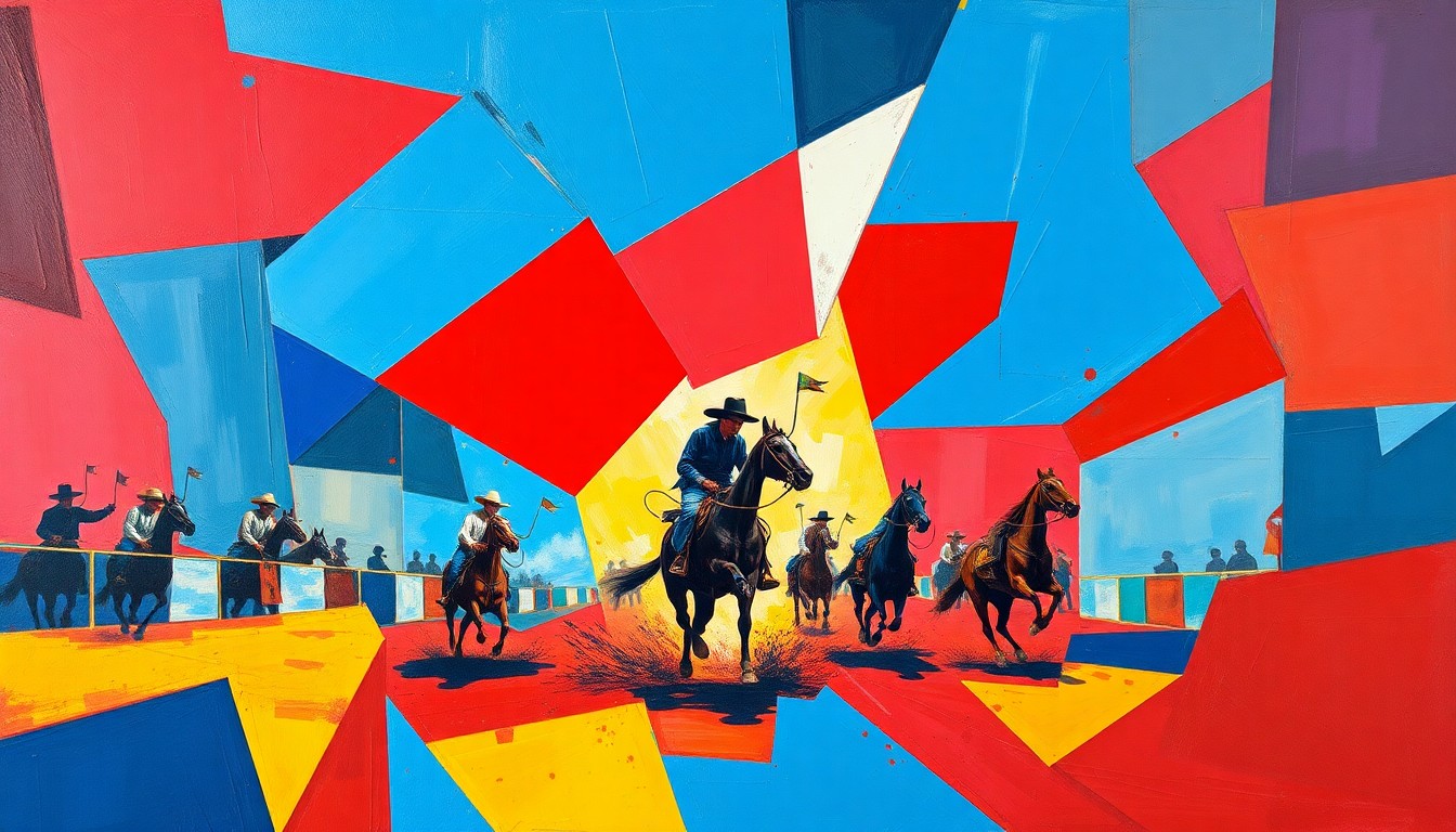 A fractured, geometric painting depicting the motion and intensity of a tie-down roping event, with bold colors and overlapping shapes conveying the sport's dynamism.