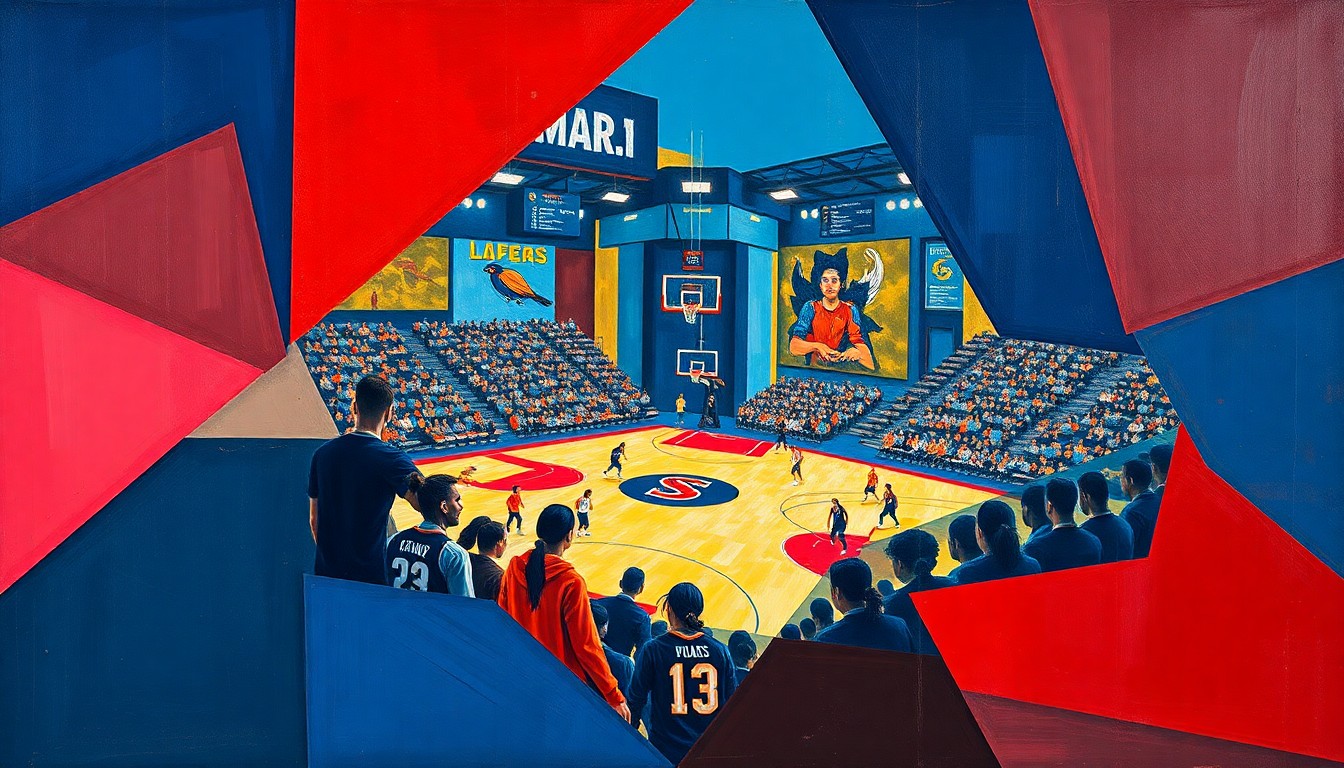 A cubist-style painting depicting a fragmented, geometric representation of a women's basketball game, with sharp planes of navy, red, and gold colors overlapping to capture the intensity of the matchup.