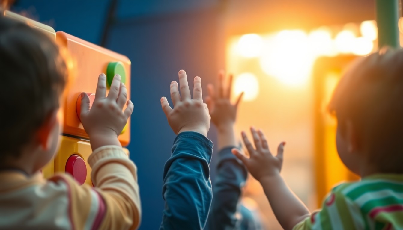 An abstract, impressionistic photograph of blurred playground equipment and children's hands reaching up to touch colorful sensory panels, conveying a sense of warmth, joy, and inclusivity.