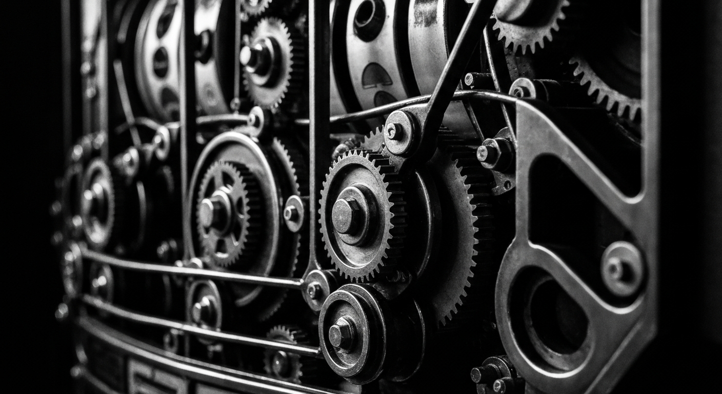 A high-contrast black and white close-up image of the gears, levers, and mechanisms of a large casino slot machine, conveying the industrial scale and technical complexity of the gaming business.