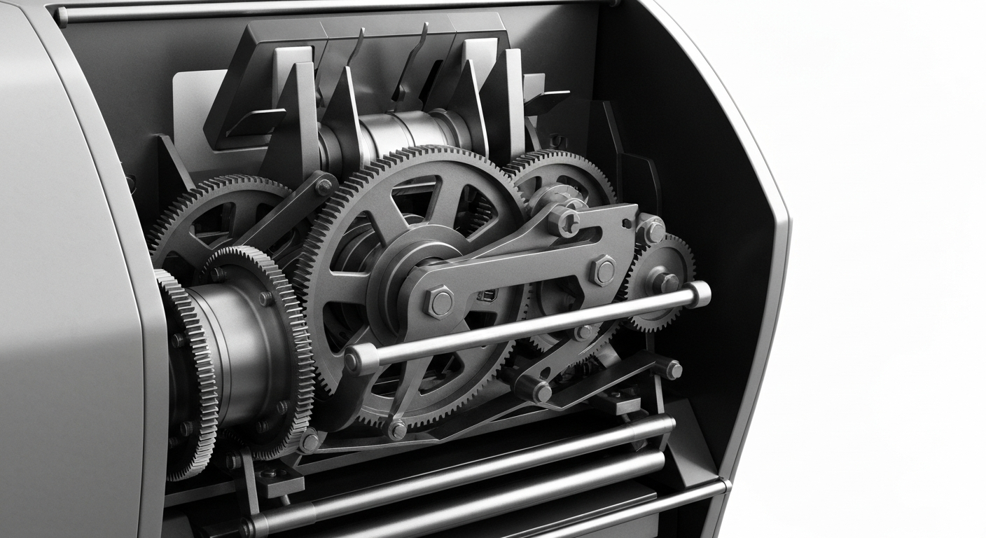 An extreme close-up of the heavy, industrial gears and levers of a cash counting machine, representing the complex financial infrastructure behind discount retail businesses.