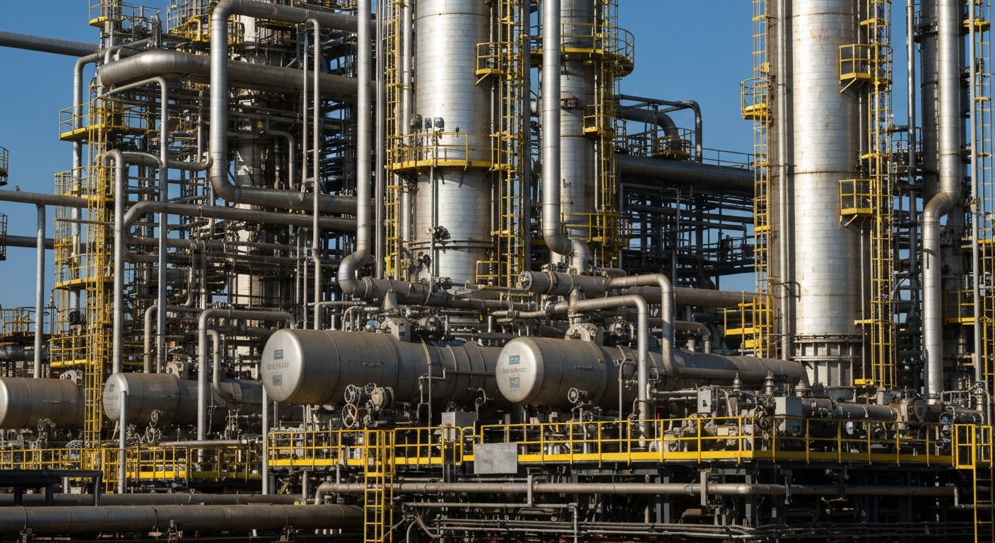 An extreme close-up of industrial refining equipment, conveying the physical scale and complexity of CVR Energy's operations through a cinematic, high-contrast visual style.