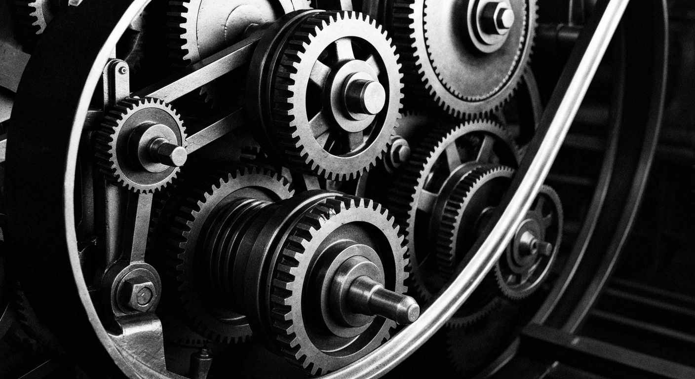 A high-contrast, close-up image of the complex machinery and mechanisms that drive the operations of a large real estate investment trust, conveying the institutional power and technical sophistication of the industry.