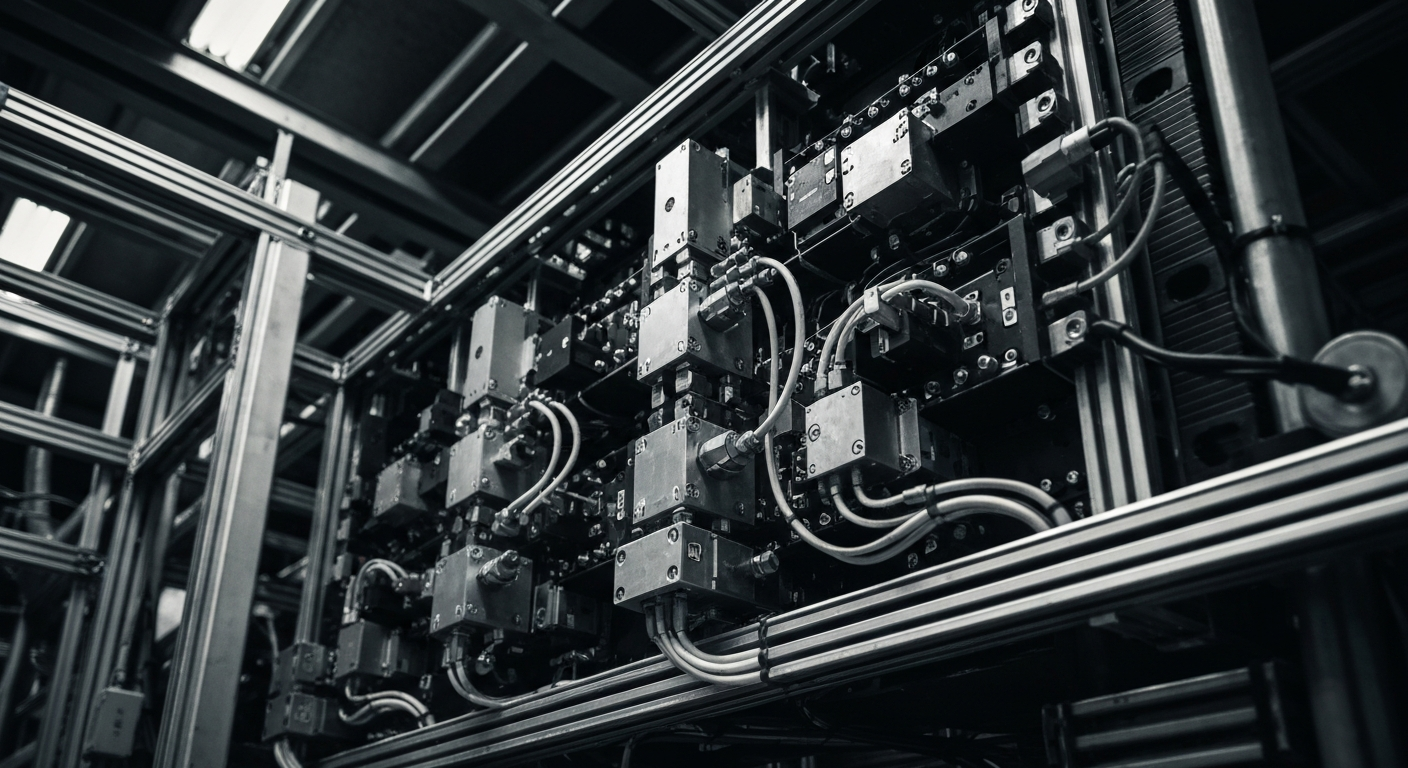 An extreme close-up of the gears, circuits, and metal components that make up a communications system, rendered in a high-contrast, industrial style to convey the complexity and importance of the technology that enables global connectivity.
