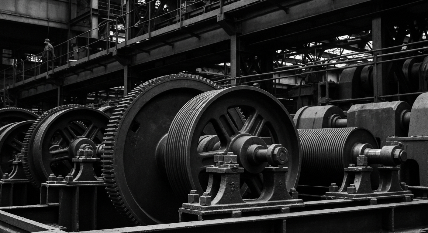 A high-contrast, close-up view of the intricate machinery and gears of a steel mill, conveying the raw power and physical scale of steel production.