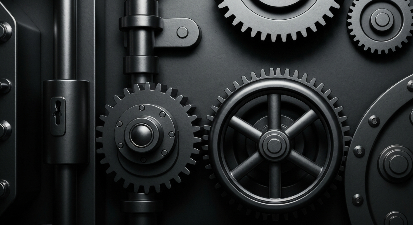 An extreme close-up of the intricate machinery and mechanisms inside a bank vault, representing the complex financial systems and infrastructure that underpin the retail industry.