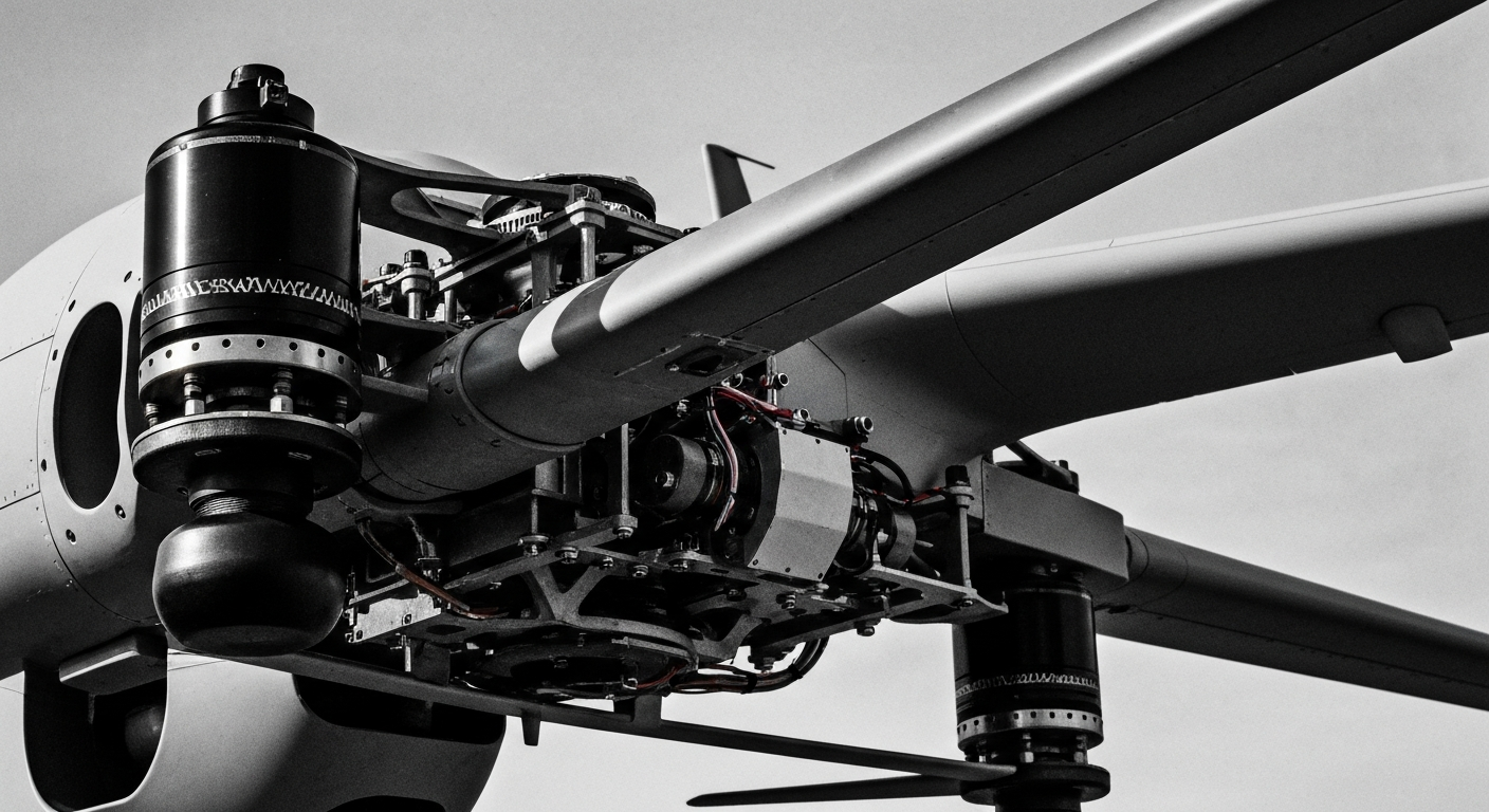 A high-contrast, close-up image of the complex mechanical components and sensors that make up an AeroVironment drone, conveying a sense of the advanced engineering and technology powering these unmanned aerial systems.