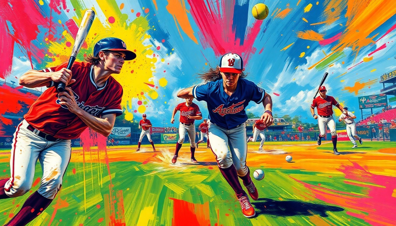 An abstract, energetic painting in neon colors depicting the dynamic movements and energy of a softball game, with players' forms dissolving into expressive brushstrokes.
