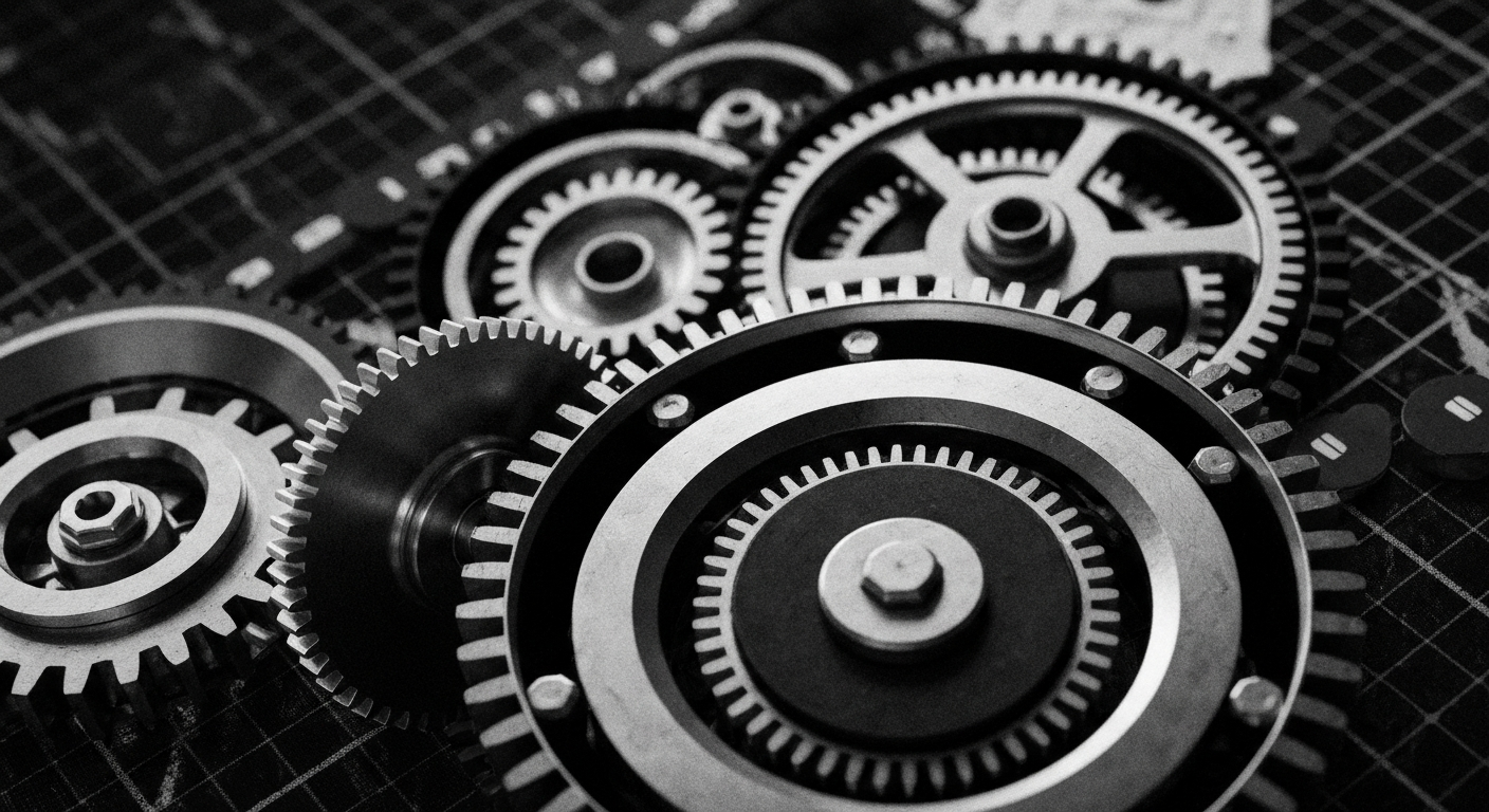 A high-contrast, macro-level view of the intricate mechanical components of a financial trading platform, conveying the complex, powerful forces driving the global economy.