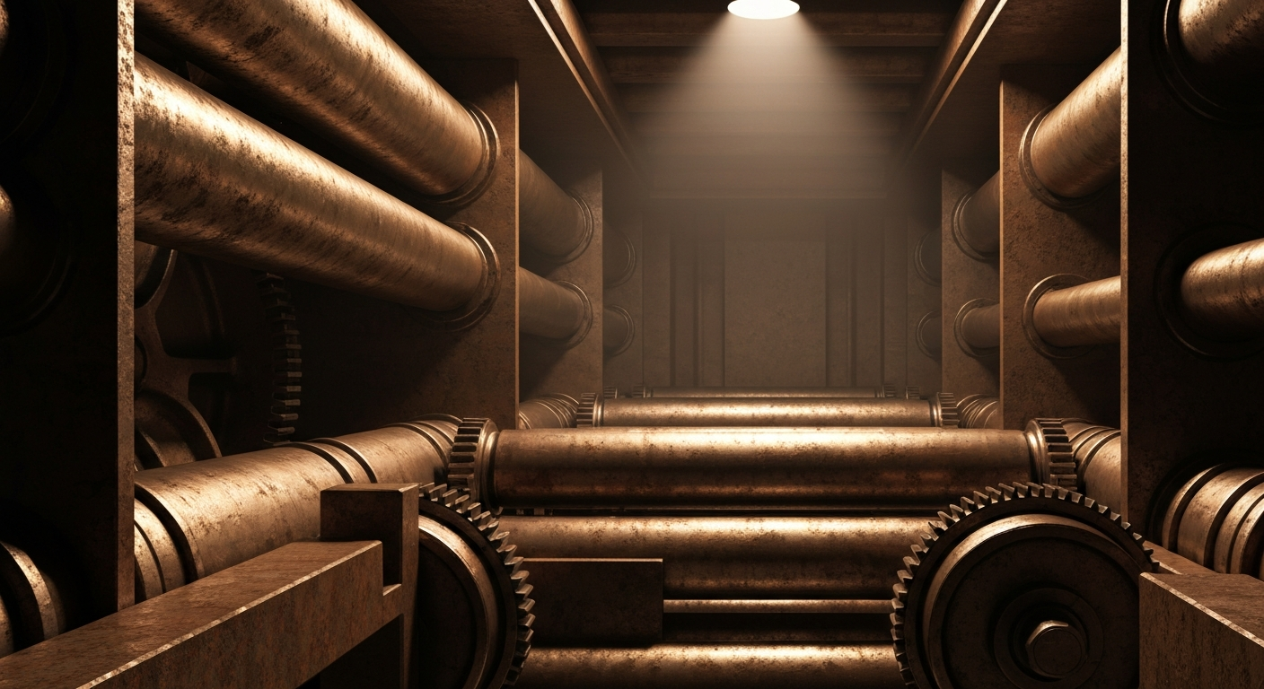 An extreme close-up of the heavy, industrial machinery and mechanisms of a large commercial bank vault, with the various metal components and gears dramatically lit to create a sense of power and security.