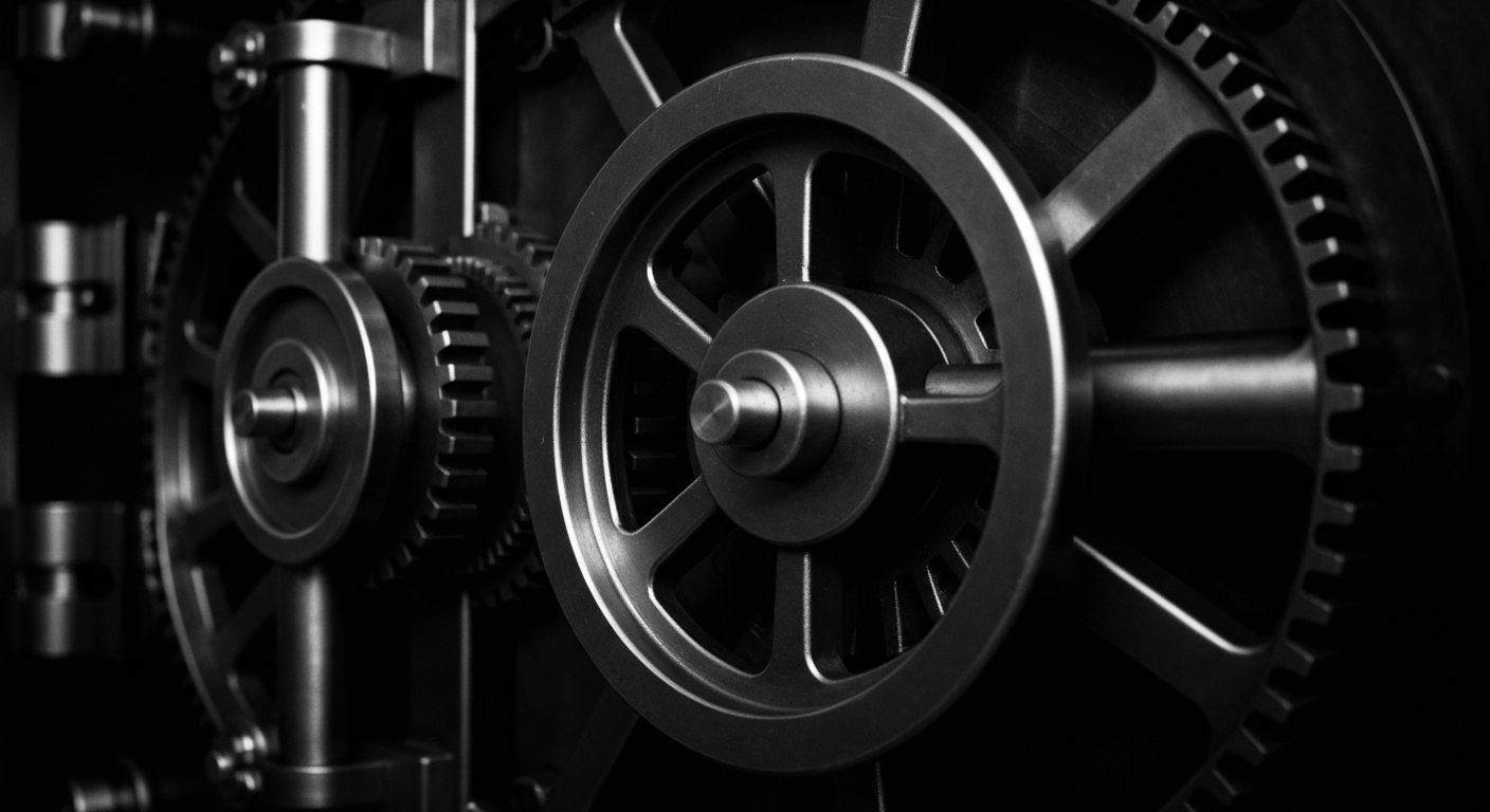 A high-contrast, close-up image of the complex gears and mechanisms of a bank vault door, representing the security and stability of ACNB's banking operations.