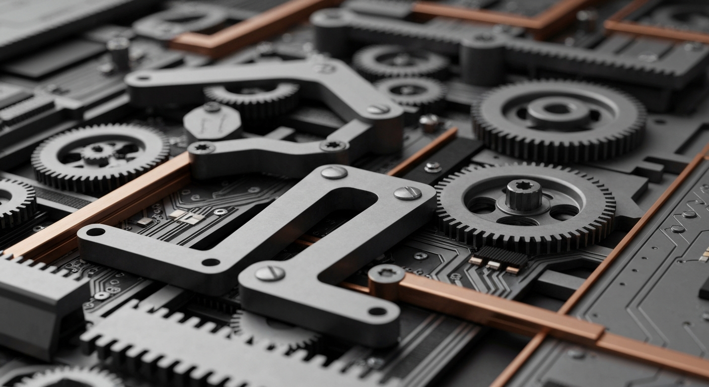A highly detailed, black-and-white close-up image of the inner workings of a financial institution, with a focus on the heavy, industrial machinery and equipment that represents the backbone of the banking system.