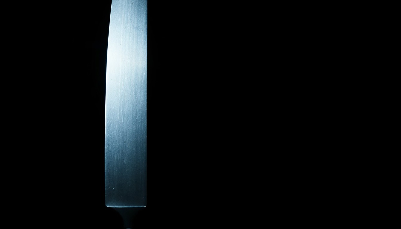 An extreme close-up photograph of a knife blade against a pitch-black background, lit by a harsh, direct camera flash, conceptually illustrating the violent nature of the harbor stabbing incident.