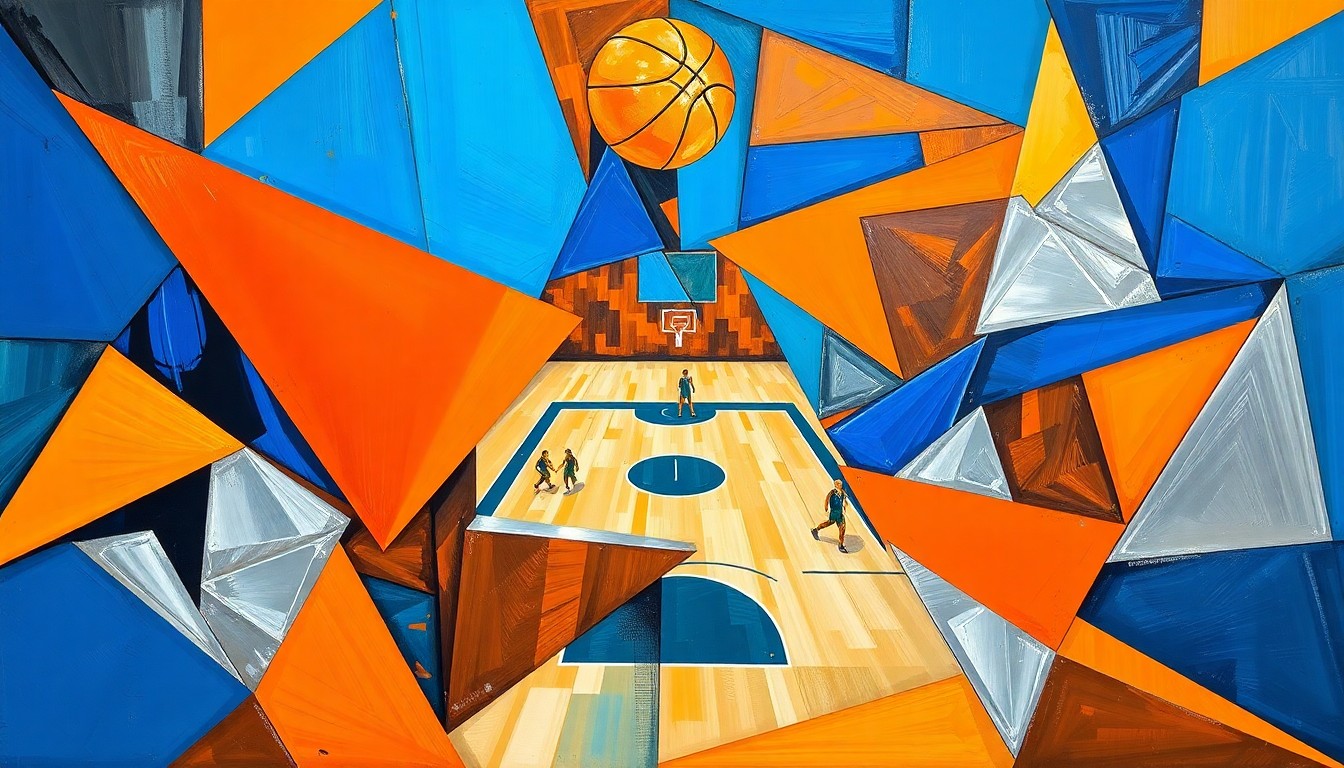 A cubist, geometric painting depicting a fragmented basketball game, with sharp planes of color and overlapping perspectives, conveying the innovative and immersive nature of the event.