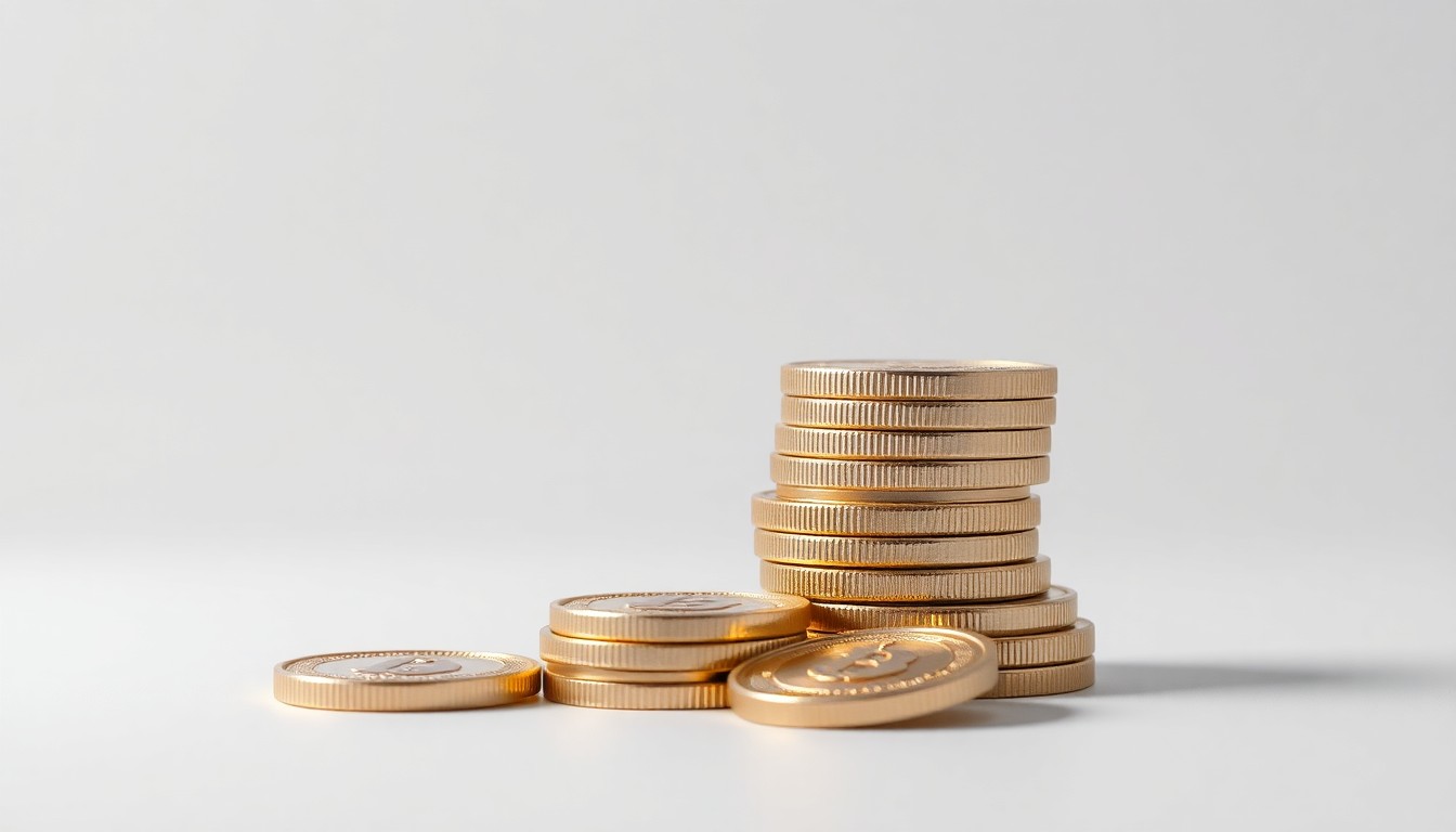 A close-up, minimalist studio photograph of a stack of polished metal cryptocurrency tokens arranged elegantly on a clean, monochromatic background, conveying a sense of abstract corporate finance and market risk in the blockchain sector.
