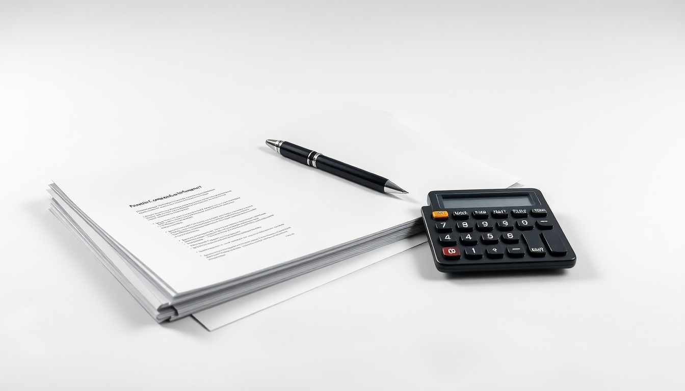 A photorealistic studio still life featuring a stack of financial documents, a pen, and a calculator arranged elegantly on a clean, white background. The objects are made from polished raw materials and clean geometric shapes, using dramatic lighting and shadows to symbolize the abstract concepts of corporate strategy, finance, and risk.