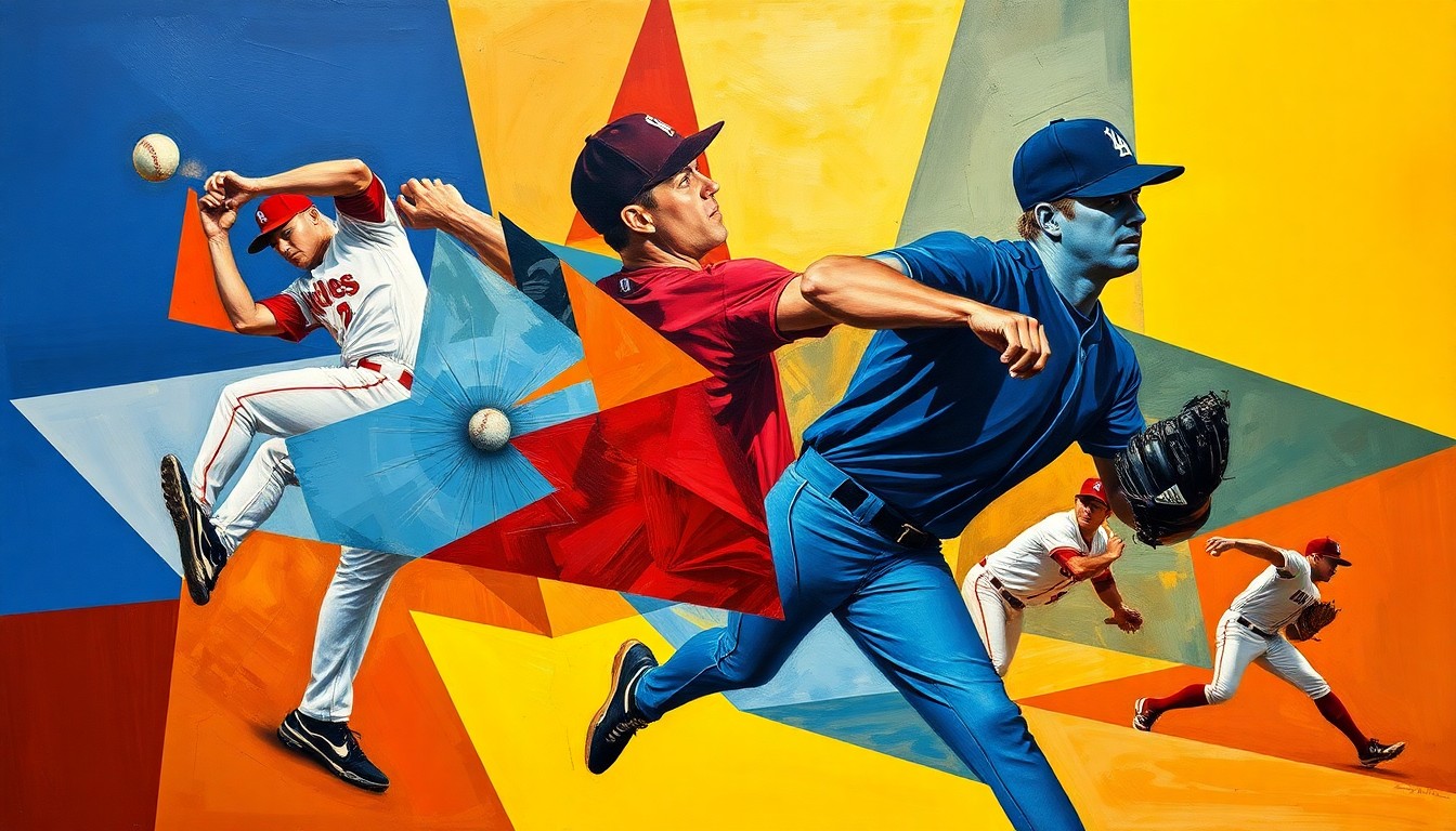 A fragmented, geometric painting depicting various baseball pitching motions and deliveries broken down into sharp, overlapping planes of color, capturing the dynamic evolution of pitching arsenals in the modern game.