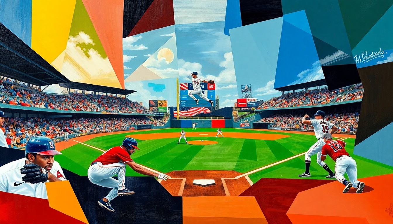 A cubist-style painting depicting various geometric shapes and planes representing key moments from a baseball game, including a pitcher's delivery, a batter swinging, and a player rounding the bases, all rendered in an abstract, deconstructed manner.