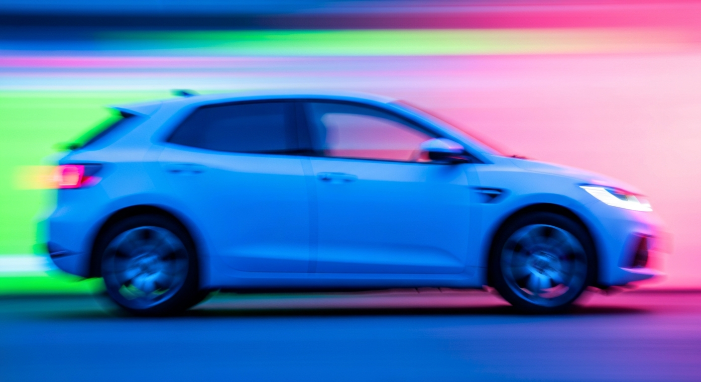A blurred, abstract photograph of an electric vehicle in motion, with streaks of vibrant color representing its speed and modern engineering.
