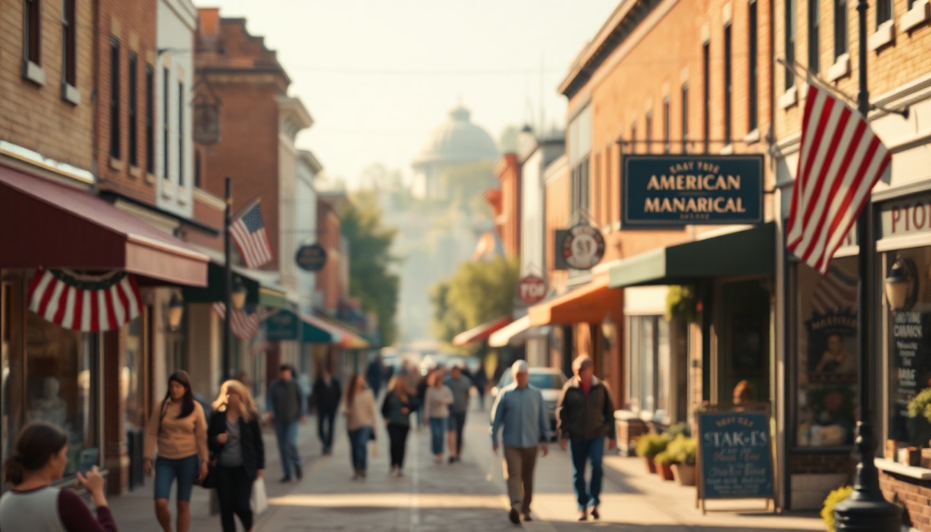An abstract, out-of-focus photograph in warm, hazy tones depicting the lively streets of a small American town, with people walking, shops, and local landmarks, conveying a sense of community and the charm of a quintessential small-town setting.