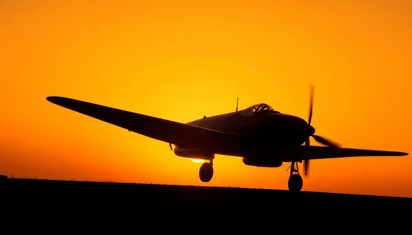 A vintage military aircraft silhouetted against a warm, golden sunset sky, bathed in soft, diagonal light and deep shadows, conceptually representing the somber loss of a fallen service member.