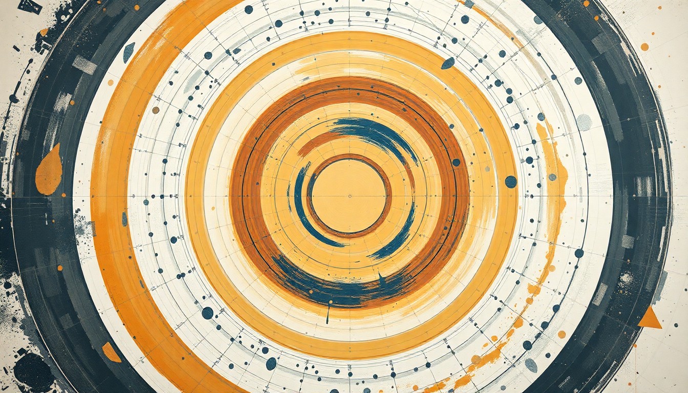 A bold, abstract painting in earthy tones of ochre, sage, and indigo, featuring sweeping geometric arcs, concentric circles, and precise spirals, conceptually representing the complex integration of scientific disciplines and mission control operations for the Artemis II lunar mission.