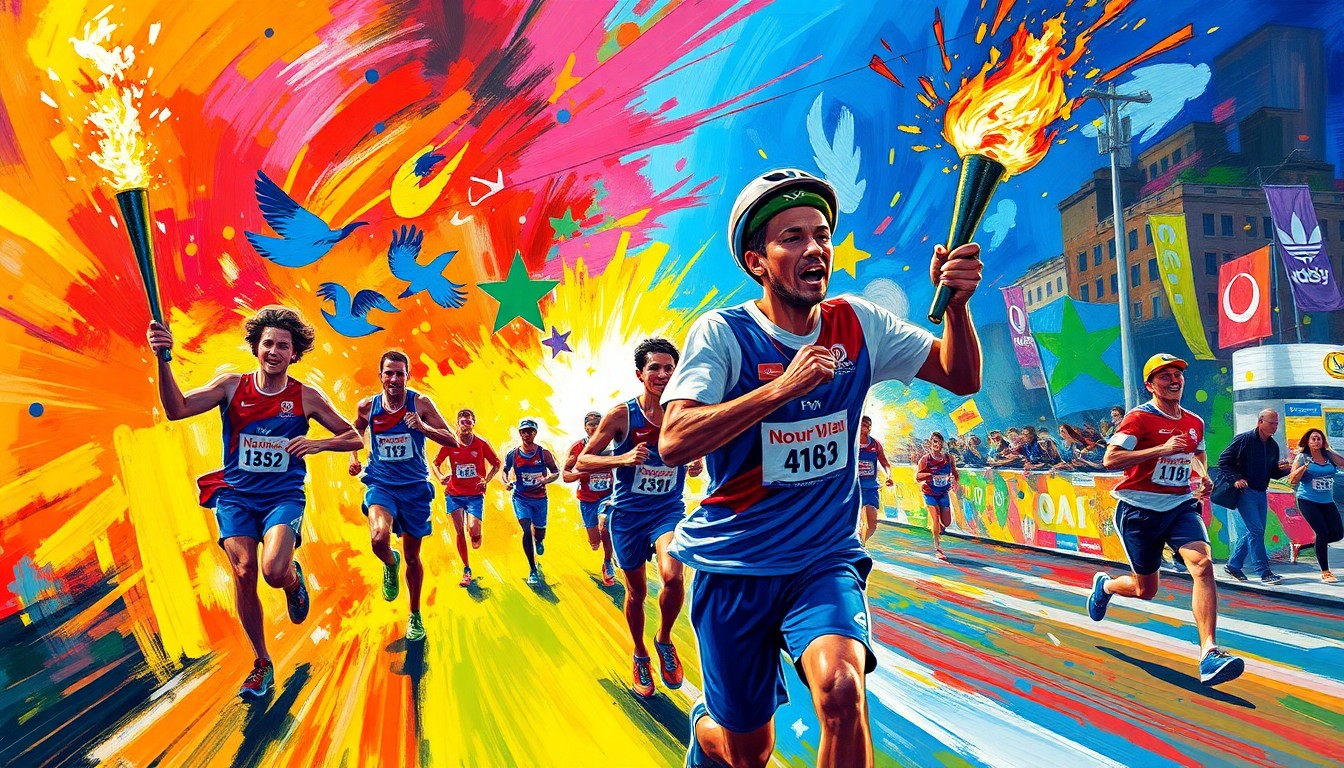 An abstract expressionist painting in neon colors, with dynamic brushstrokes capturing the movement and energy of a running relay event.
