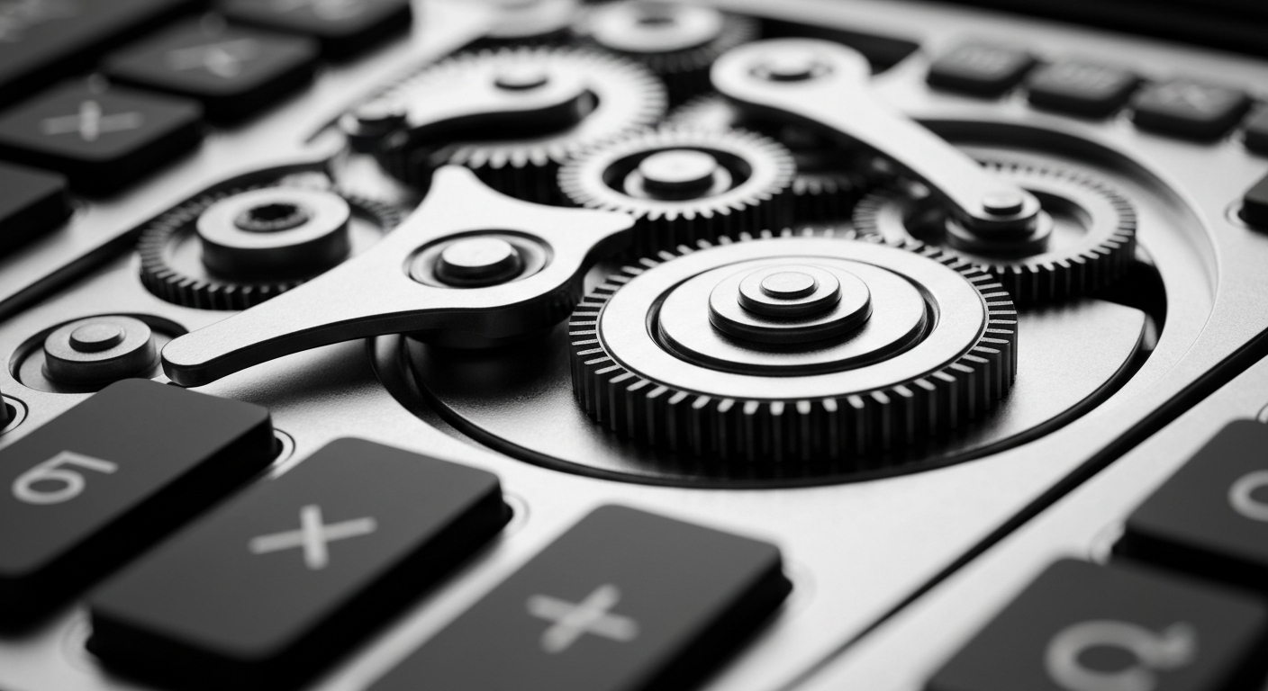 A high-contrast, cinematic close-up of the inner workings of a financial calculator, with gears, circuits, and other mechanical components filling the frame to represent the intricate systems underlying personal finance software.