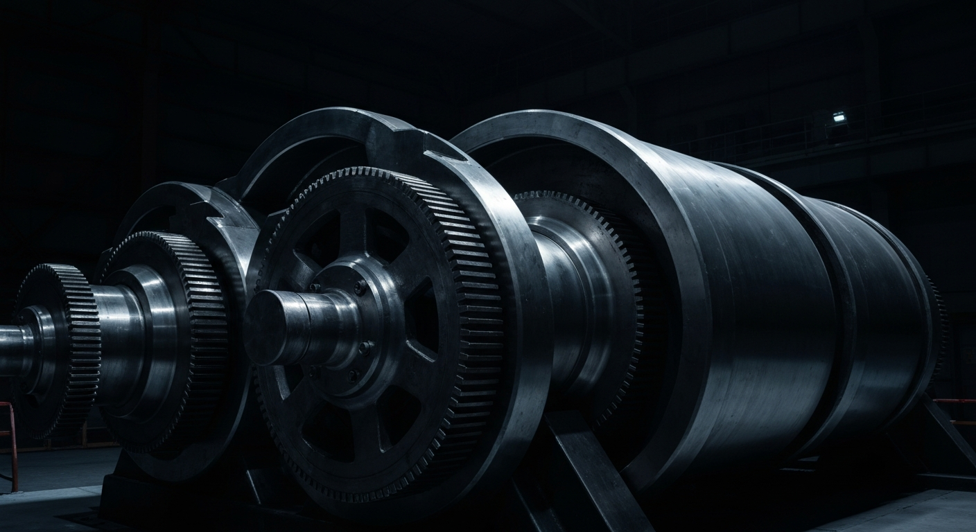 A highly detailed, cinematic close-up image of industrial LNG machinery and equipment, dramatically lit against a dark background, conceptually representing the complex challenges facing the energy infrastructure sector.