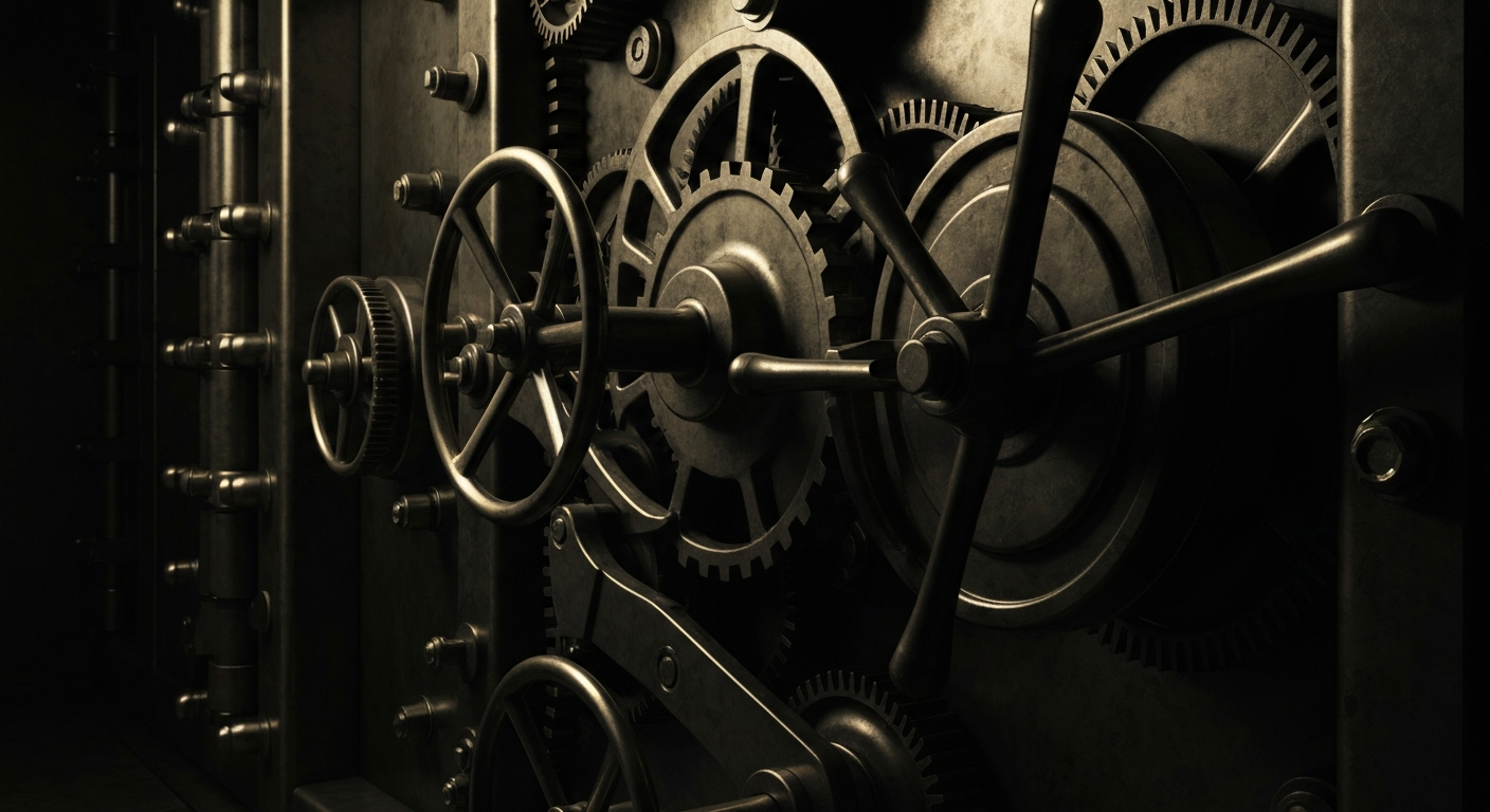 An extreme close-up of the heavy, industrial machinery and mechanisms that make up the inner workings of a large bank vault, conveying a sense of financial security and institutional power through the use of dramatic lighting and cinematic framing.