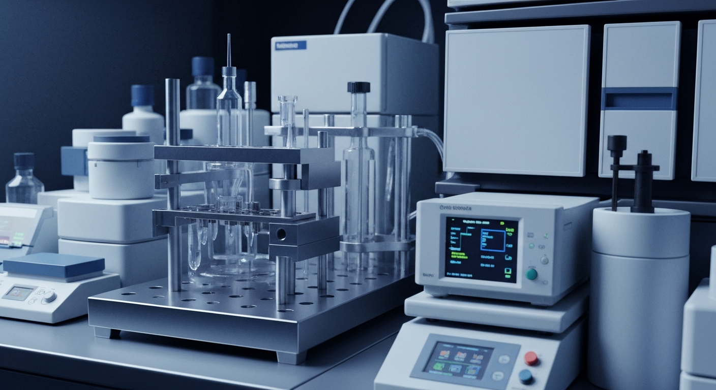 An extreme close-up of various medical testing devices, tubes, and laboratory equipment, conveying the technical and high-stakes nature of cancer drug development without using any text or identifiable objects.