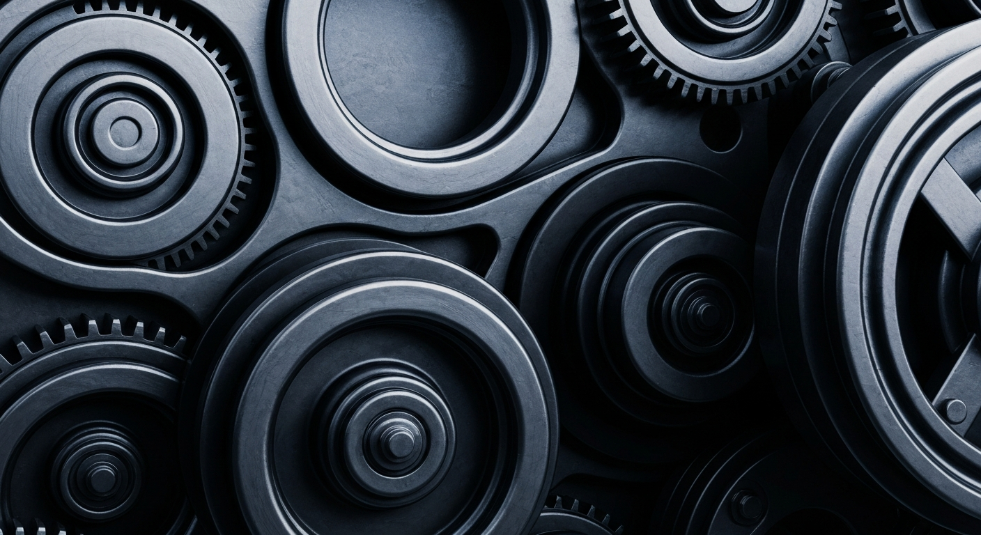 A highly detailed, cinematic close-up image of heavy, industrial banking machinery in shades of grey, blue, and black, conveying the institutional power and security of the financial system through its physical components.