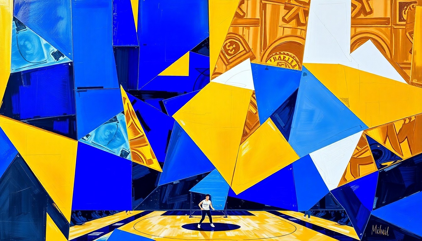 A fragmented, geometric painting in bold blues, golds, and whites, depicting the dynamic movements and energy of a basketball game in an abstract, cubist style.