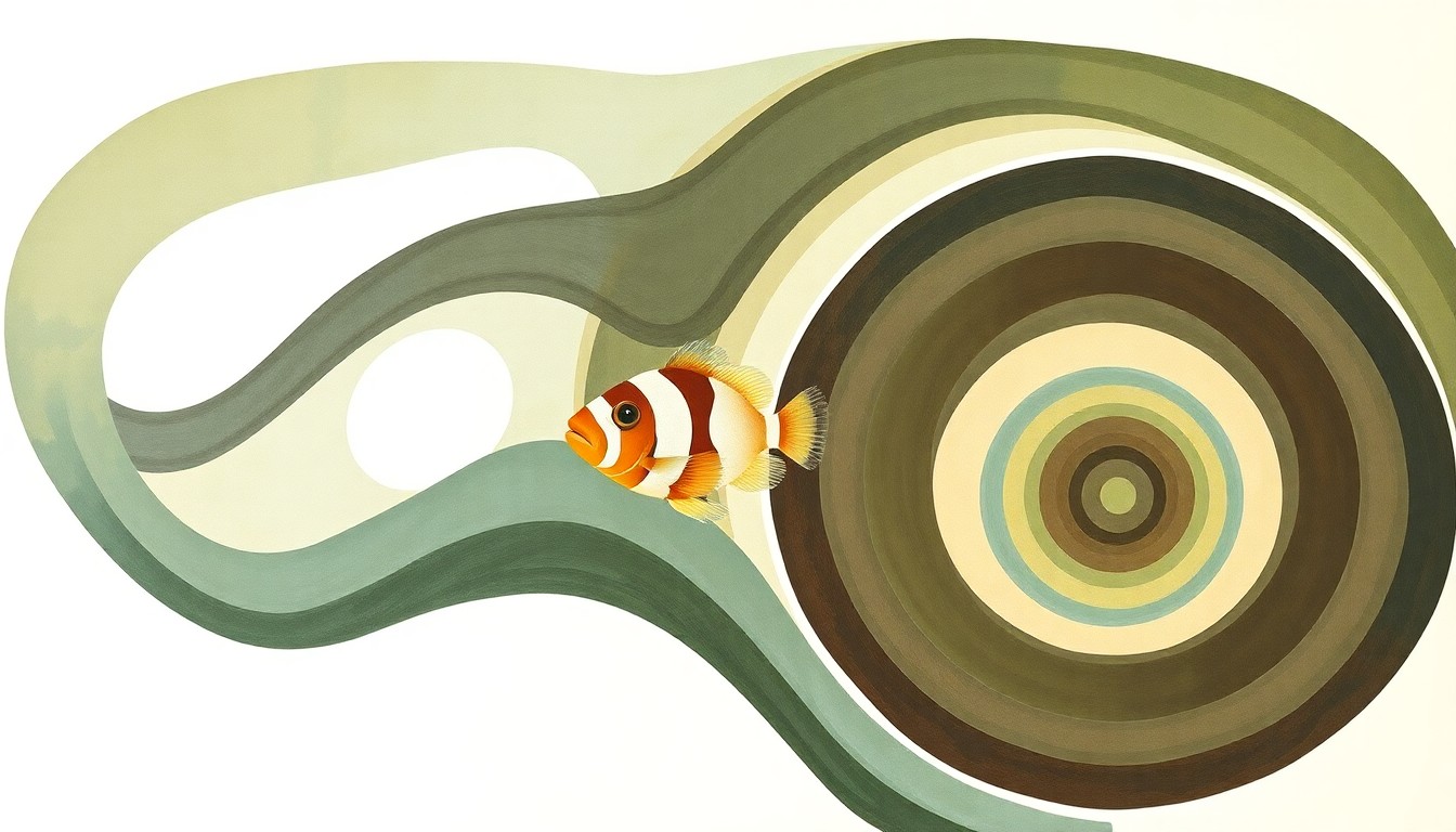 A highly textured, abstract painting in earthy tones of green, blue, and brown, featuring sweeping geometric arcs, concentric circles, and precise botanical spirals, conceptually representing the complex cellular communication and membrane physics that govern the formation of pigmentation patterns in clownfish.