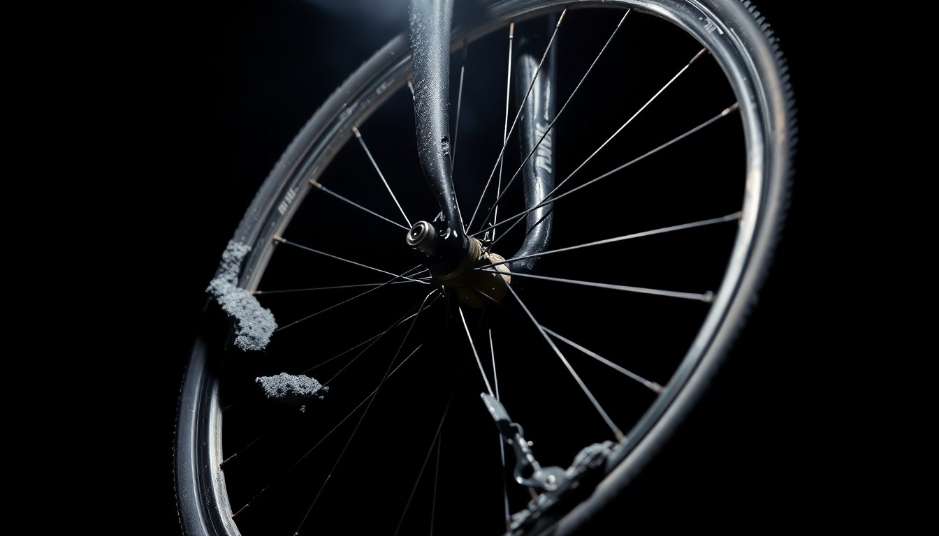 An extreme close-up photograph of a damaged bicycle wheel and frame, conveying the gritty aftermath of a collision through dramatic lighting and stark contrast.