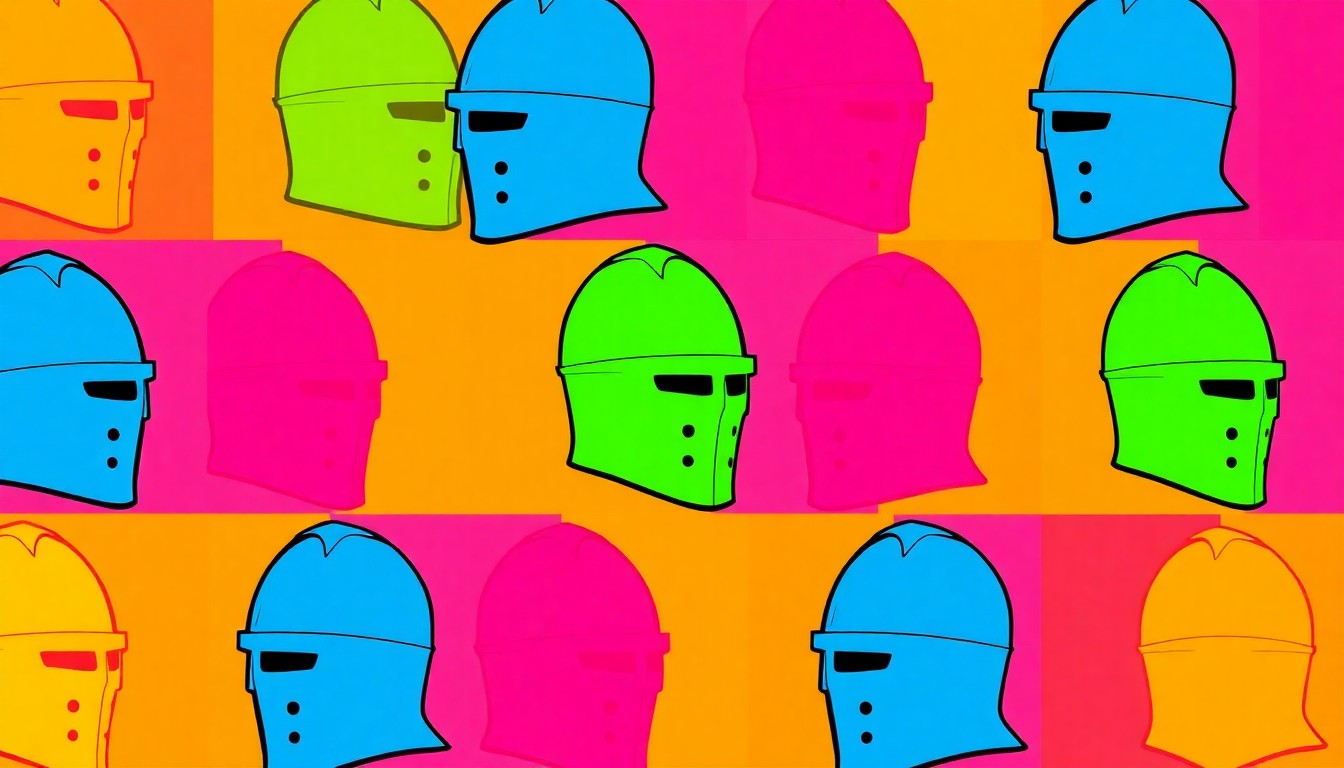 A brightly colored, high-contrast silkscreen print of a knight's helmet repeated in a tight grid pattern, utilizing flat, vibrant, and unnatural neon color palettes overlapping with heavy black photographic outlines to turn this medieval icon into modern pop art.
