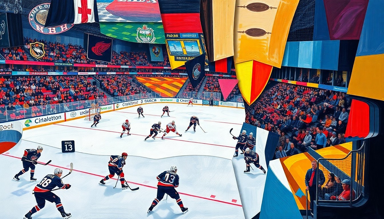 A cubist, geometric painting depicting an ECHL hockey game, with the players and arena setting broken down into overlapping planes of vibrant colors, capturing the dynamic energy and competitive spirit of the league's playoff push.