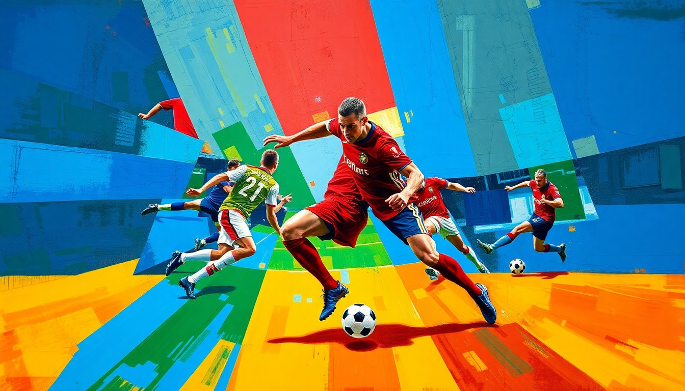 A cubist-style painting depicting a soccer player in motion, their body and the ball broken down into sharp, overlapping geometric shapes in a vibrant color palette.