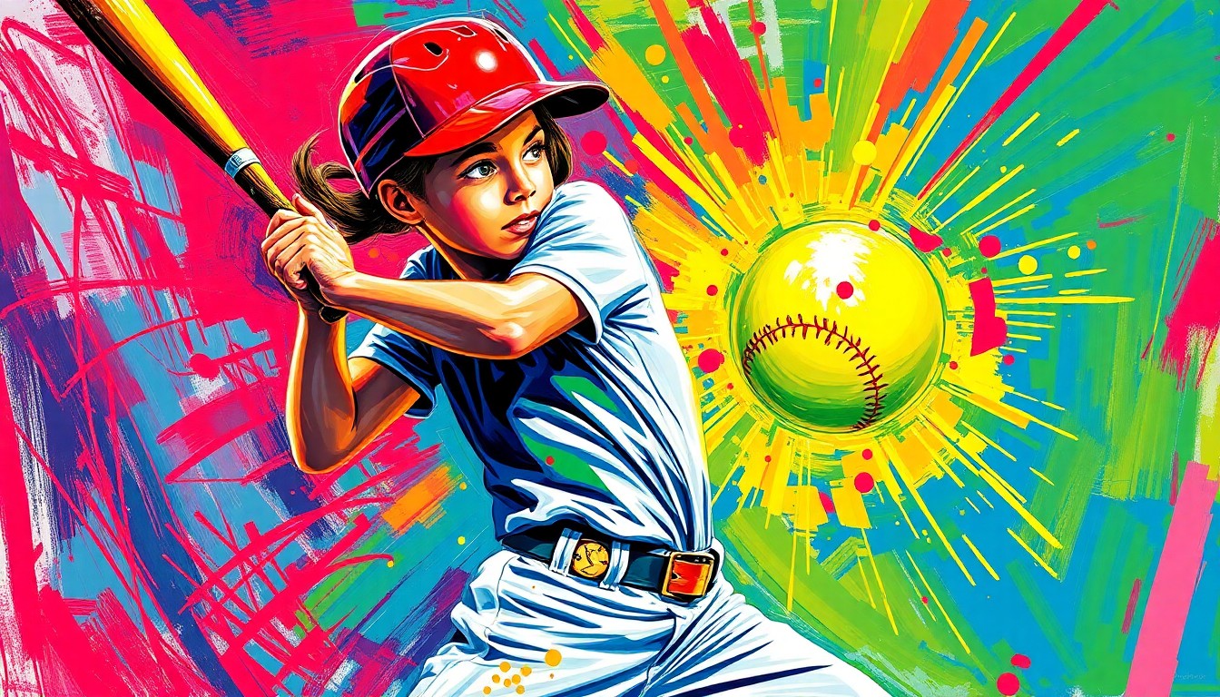 An abstract, expressionist painting in vibrant neon colors depicting the dynamic motion and raw power of a softball swing, conveying the athletic energy and emerging leadership of a young player.