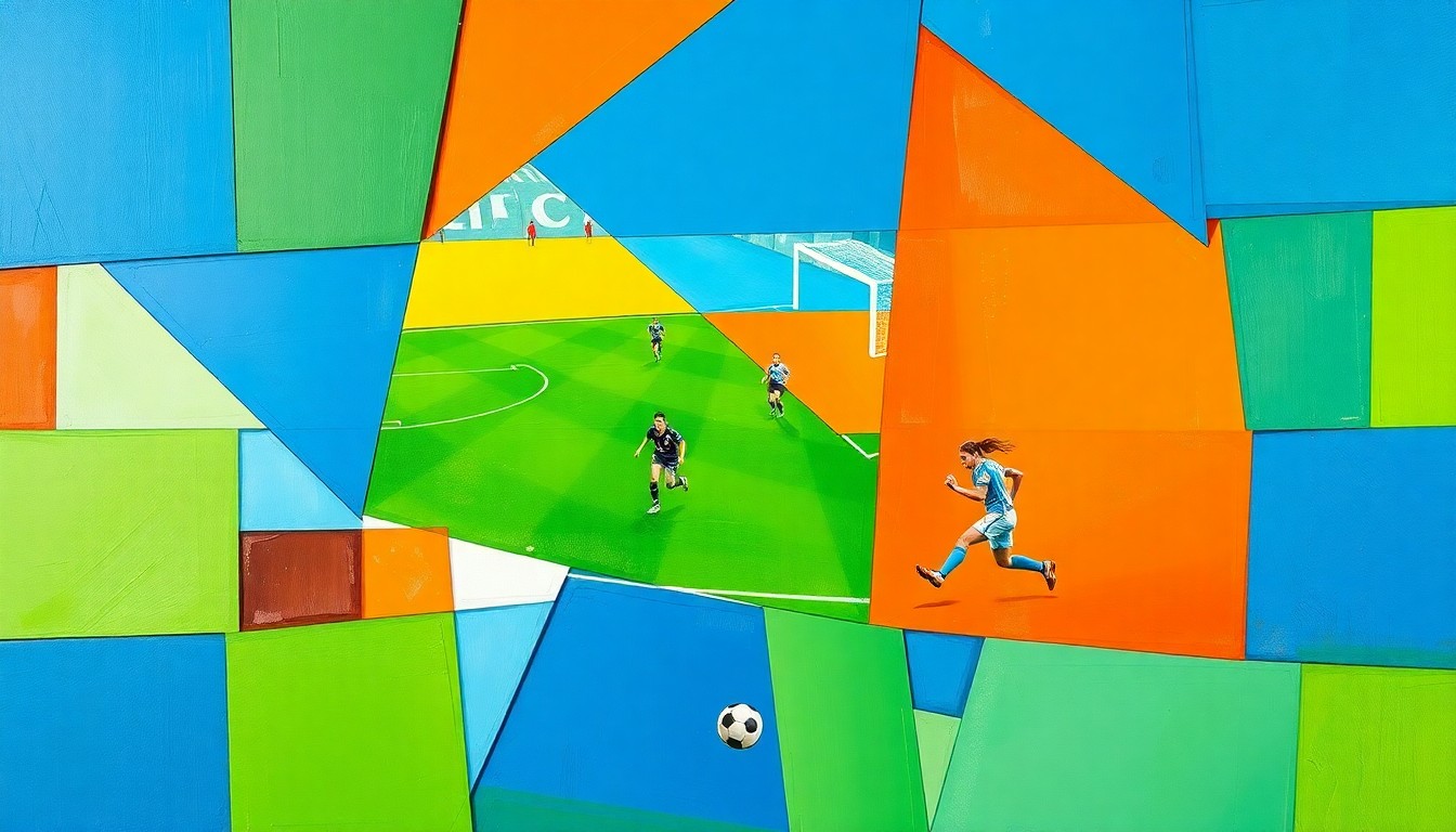 A cubist, geometric illustration depicting the dynamic action of a women's soccer match, with fragmented shapes and planes of vibrant colors representing the intensity and movement of the game.