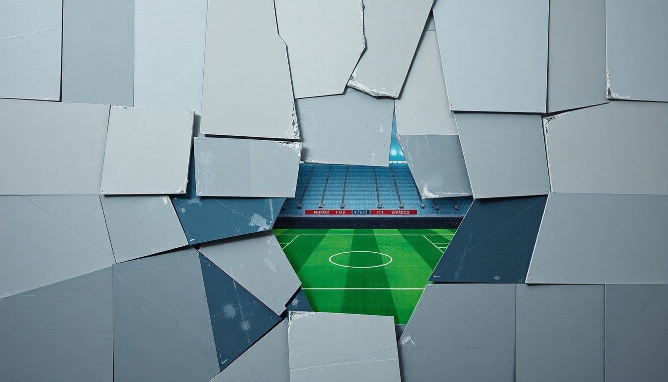A fragmented, cubist-style painting depicting the various components of a sports betting exchange platform, with sharp, overlapping geometric shapes in muted tones of grey, blue, and green, conveying the complex and multi-faceted nature of the legal and regulatory landscape surrounding this industry.