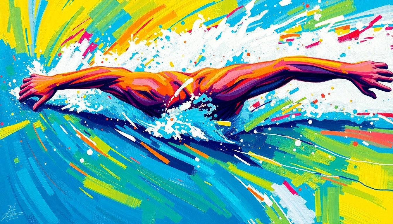 A dynamic, neon-colored painting with rapid brushstrokes depicting the fluid movements of a swimmer in action, conveying the intense athleticism and energy of the sport.