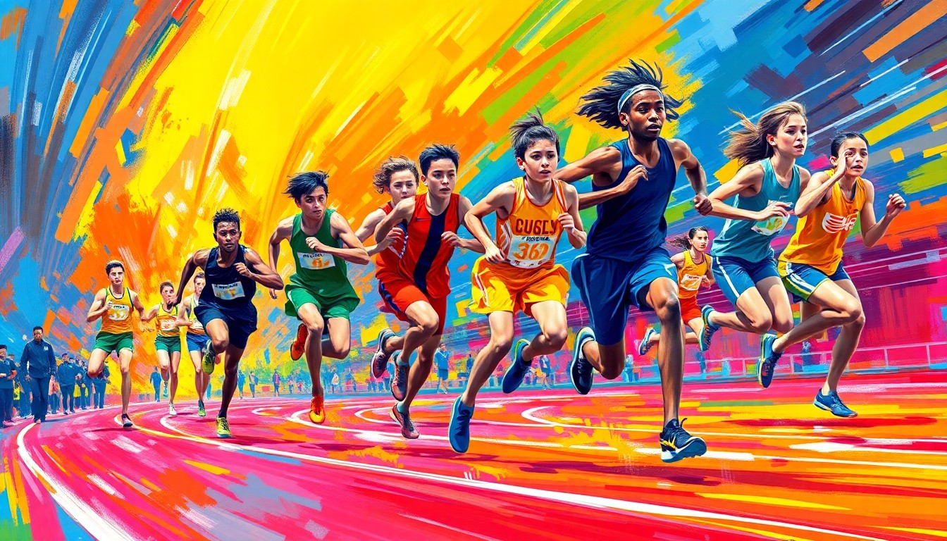 An abstract, energetic painting featuring bold, colorful brushstrokes that capture the dynamic motion and energy of middle school track and field athletes in competition.