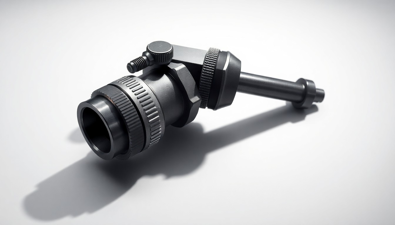 A close-up photograph of a metallic agricultural spraying nozzle with a precision liquid flow control mechanism, resting on a clean, monochromatic background and dramatically lit to showcase the advanced engineering behind the technology.