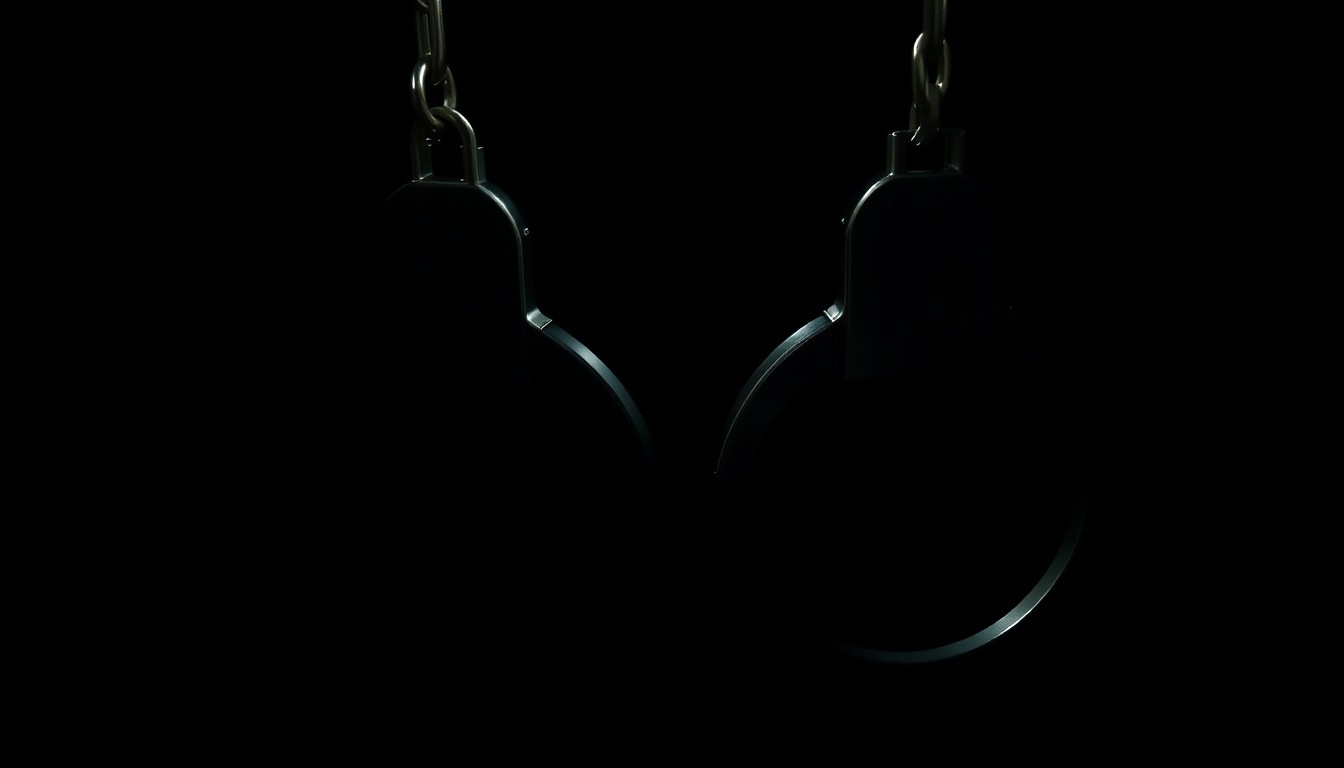 An extreme close-up photograph of metal handcuffs against a stark black background, capturing the gritty, investigative nature of this crime-related story.