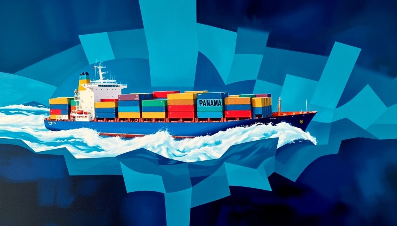 A vibrant, abstract painting depicting a Panama-flagged cargo ship in motion, with the ship's form repeated in overlapping, fractured geometric shapes in shades of blue, conveying a sense of disruption and geopolitical tension.