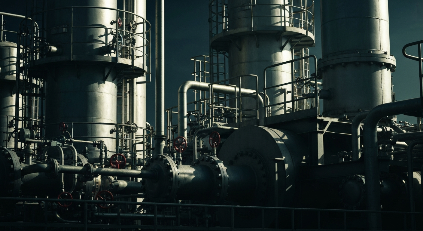 A highly detailed, cinematic close-up view of heavy industrial equipment and machinery used in chemical production, conveying a sense of the complex, physical nature of Ingevity's business.