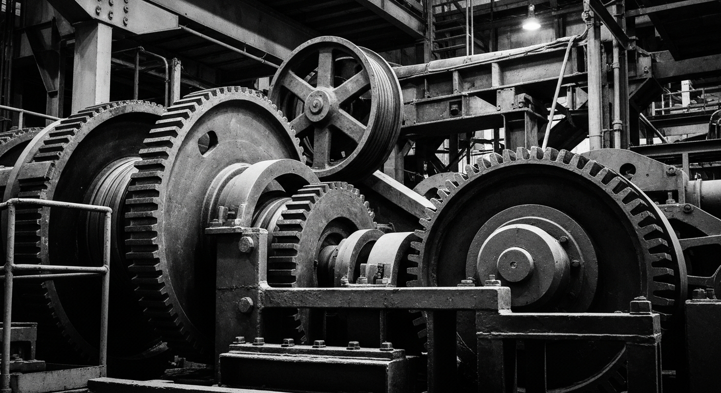A high-contrast black and white close-up image of the gears, pulleys, and machinery inside a gold processing plant, conveying the raw industrial power and scale of the equipment involved in gold mining.