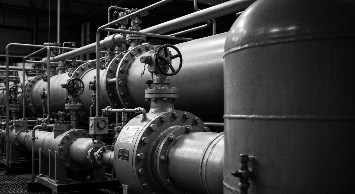 A high-contrast black and white close-up photograph of heavy industrial machinery and equipment, representing the tangible, physical nature of Chart Industries' products without using any text or branding.