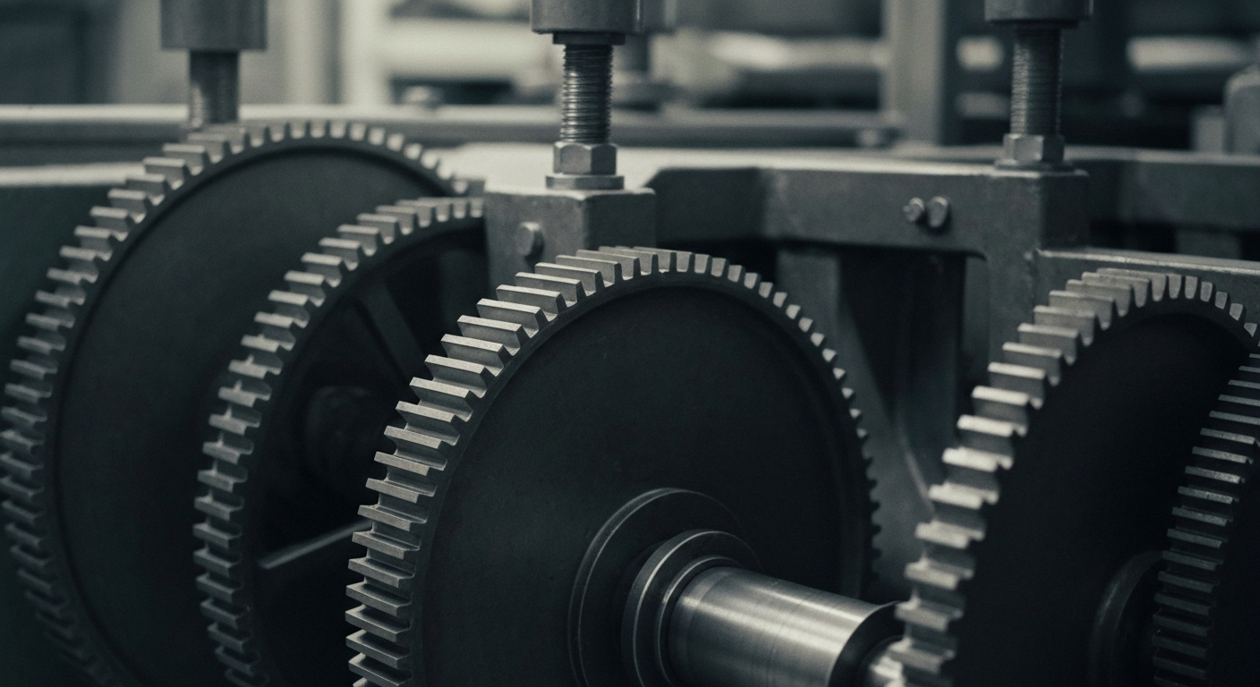 A highly detailed, black-and-white close-up image of the complex machinery and gears that power an industrial bakery, conveying the physical scale and technical nature of Flowers Foods' production facilities.